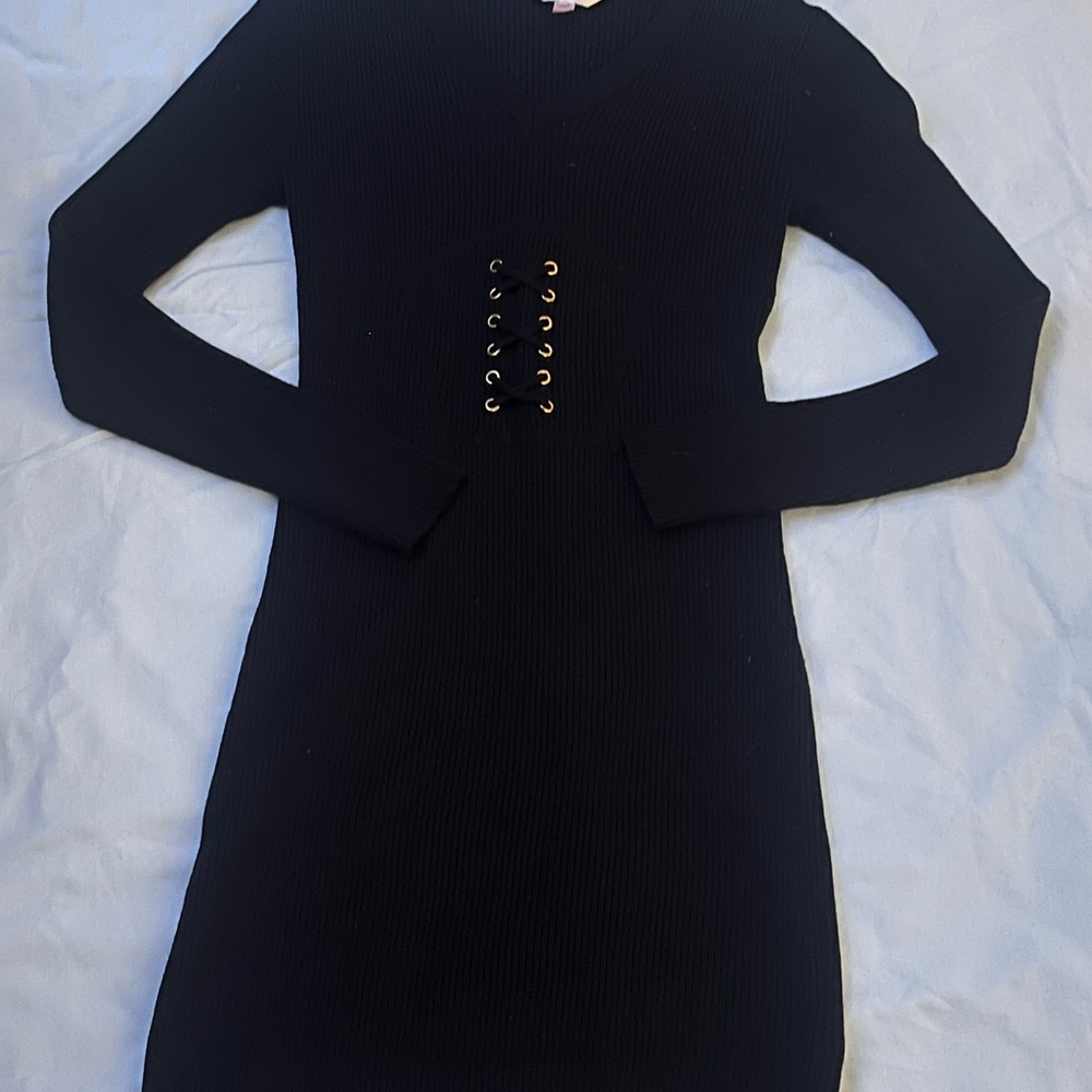 Black Lace-Up Sweater Dress